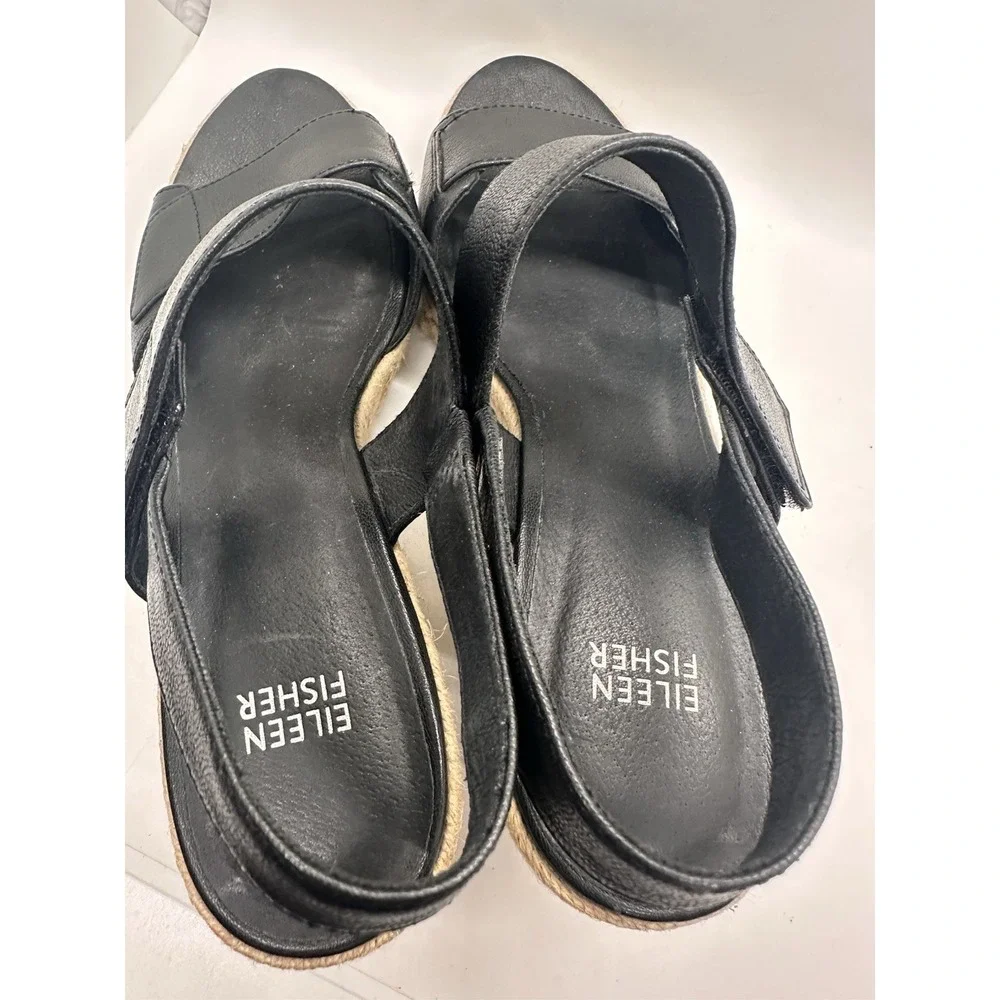 Eileen Fisher Winnie Black Leather Espadrille Wedge Platform Sandals Size 9‎